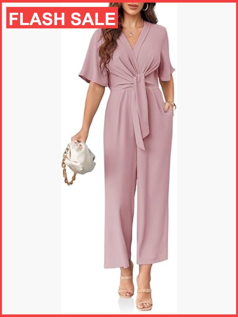 Elegant V Neck Short Sleeve Wide Leg Jumpsuit Romper